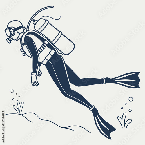 Scuba diver swimming underwater with oxygen tank and fins
