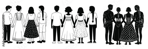 Monochrome Illustration of Diverse Couples Holding Hands, Wearing Dresses and Casual Outfits, Back View