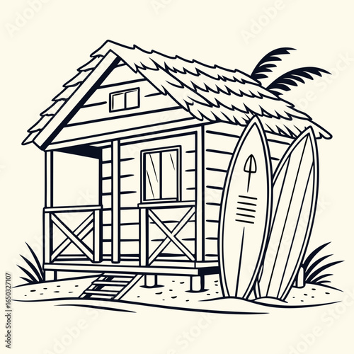 Wooden beach hut with surfboards and palm leaves cabin