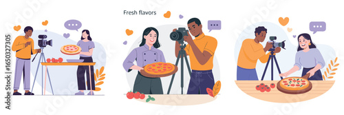 Pizza Photography Diverse Team Capturing Delicious Food for Social Media, Content Creation, or Culinary Marketing