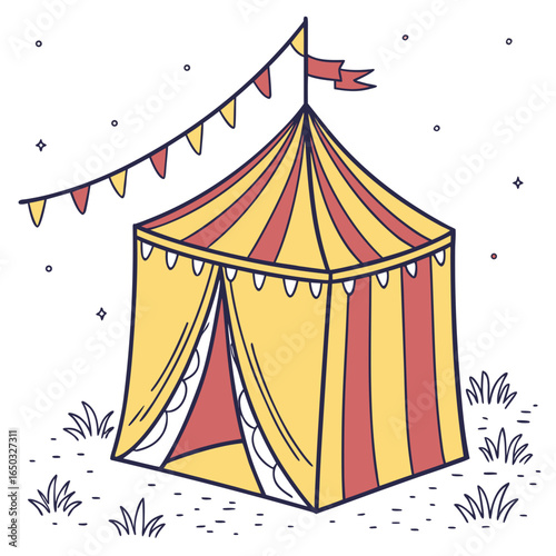 Colorful circus tent with flags and grass carnival
