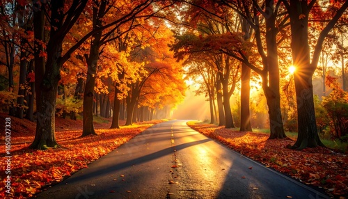 Autumnal road through a vibrant forest