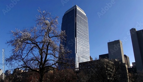 Cityscape with tall building and winter tree