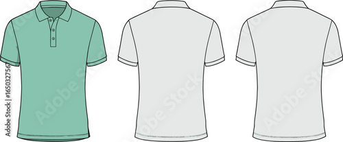 Stylish polo shirt front view, back view, short sleeve casual unisex apparel, fashion garment template, vector clothing mockup, modern shirt illustration