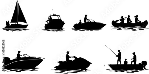 Collection of six boating icons depicting different types of boats and watercrafts with people riding 100 | editable eps vectors silhouette