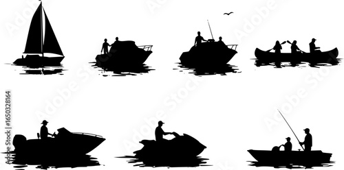 Collection of six boating icons depicting different types of boats and watercrafts with people riding 100 | editable eps vectors silhouette