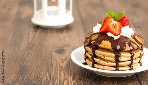 Stack of pancakes topped with chocolate syrup, whipped cream, and strawberries on a wooden table