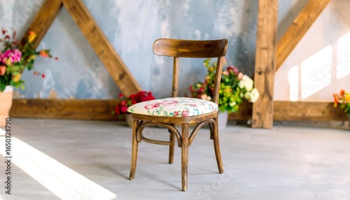 Wooden chair with floral upholstery in a room with wooden beams and flowers