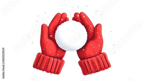 Two red mittens holding a snow ball, with snowflakes