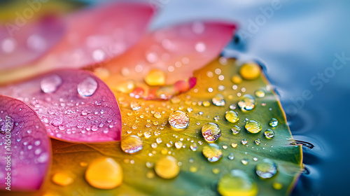 Raindrops on a Colorful Leaf with Petals