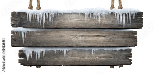 Wooden sign with snow and icicles isolated on transparent background winter decoration