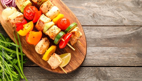 Grilled skewers of chicken and vegetables on a wooden board