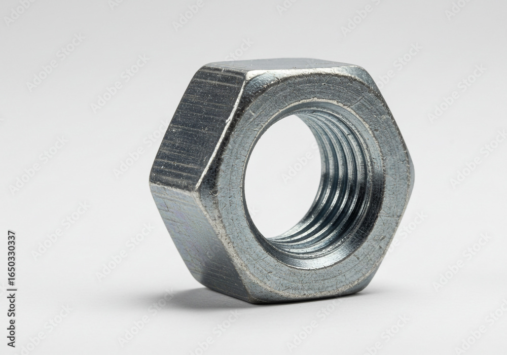 A close up shot showcasing a single metal hex nut with visible threading on a plain background A close up shot showcasing a single metal hex nut with visible threading on a plain background
