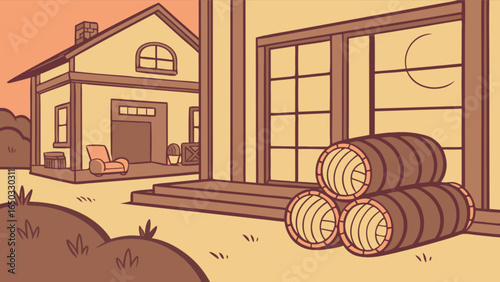 Illustration of a house with barrels and chair in yard with sunset for background scene concept design