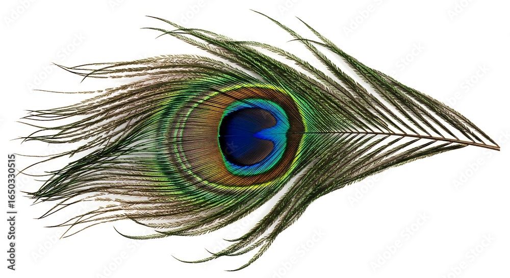Obraz premium An elegant and delicate peacock feather with shimmering colors, isolated on white