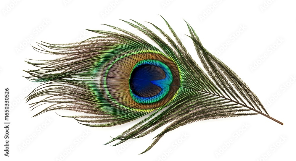 Obraz premium Beautiful, detailed shot of a single peacock feather with its natural, ornate pattern