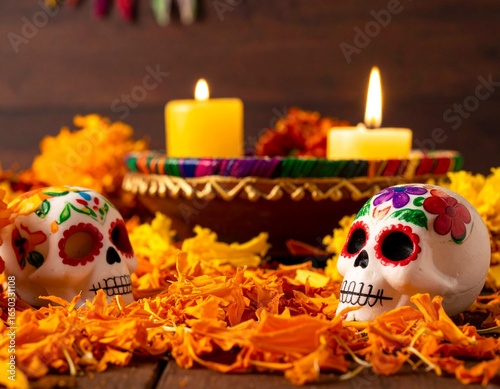 Day of the Dead Celebration with Sugar Skulls and Marigold