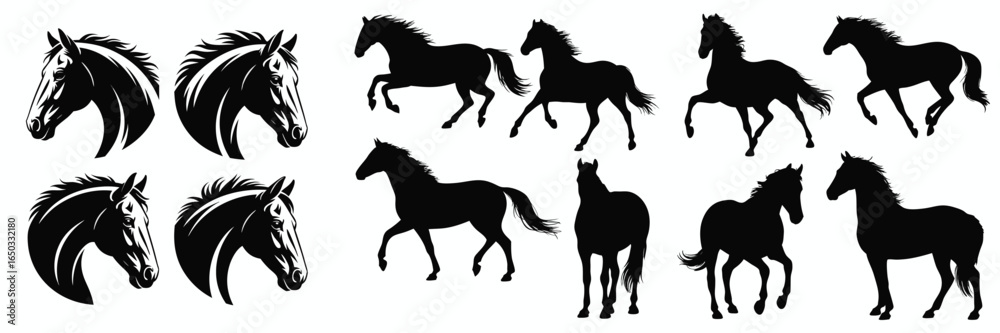 Obraz premium Black Horse Silhouettes Graphics Stallions, Mares, Heads in Various Poses on White
