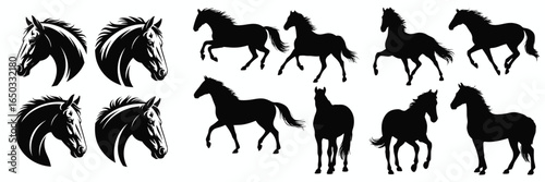 Black Horse Silhouettes Graphics Stallions, Mares, Heads in Various Poses on White