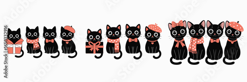 Cartoon Black Cats Wearing Bow Ties, Scarves, Berets, and Gift Bows on Boxes