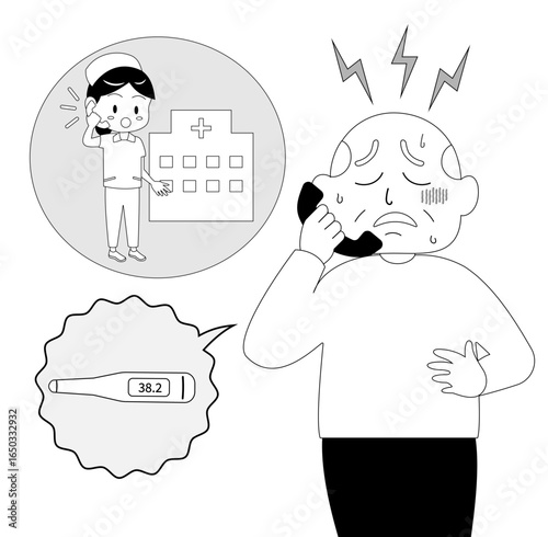 体調不良で病院に電話するシニア男性　モノクロ