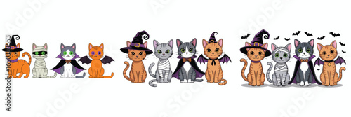 Cartoon Cats Dressed Up in Halloween Costumes Witch, Vampire, Mummy, Bat for TrickorTreating