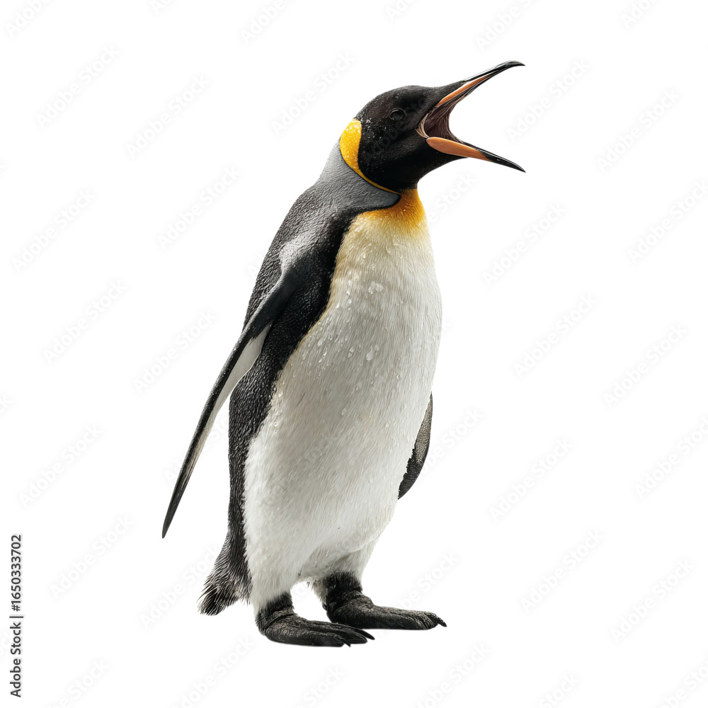 Fototapeta premium Png of A majestic king penguin vocalizing, showcasing its vibrant orange and yellow markings against a sleek black and white plumage.
