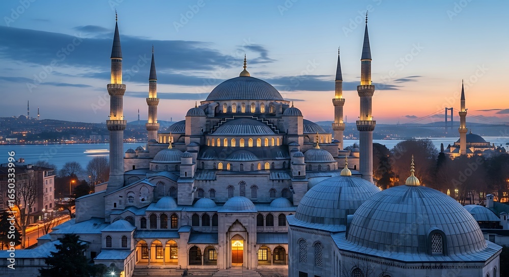 Fototapeta premium Majestic Sultan Ahmed Mosque in Istanbul with ethereal dawn sky overlooking the city