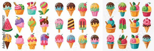 Cartoon Collection of Colorful Ice Cream Cones and Popsicles with Toppings and Various Flavors