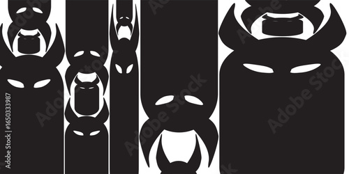 A series of abstract silhouettes representing dark demonic characters on a white background
