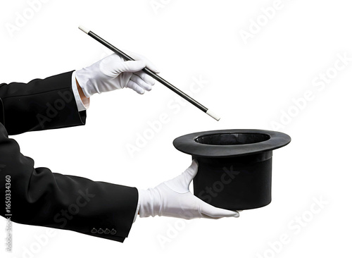Magician s hands in white gloves holding a wand and top hat isolated on transparent background