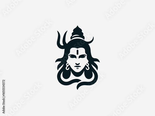 A bold black silhouette of Lord Shiva with a flowing mane and a powerful trident on a clean white background