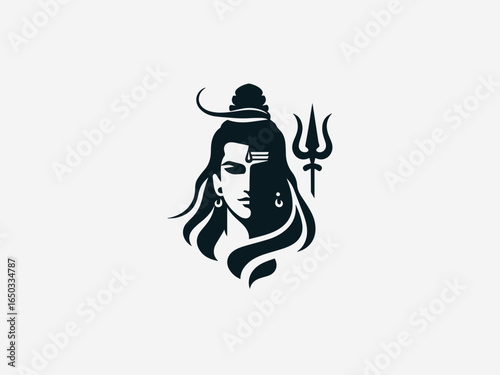 A bold black silhouette of Lord Shiva with a flowing mane and a powerful trident on a clean white background