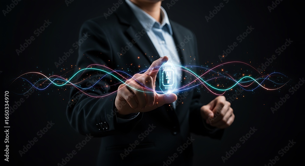 Obraz premium Businessperson interacts with a holographic circuit.