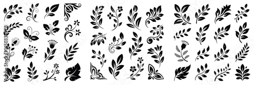 Collection of Stylized Black Silhouette Floral Designs on White Background for Decoration or Patterns