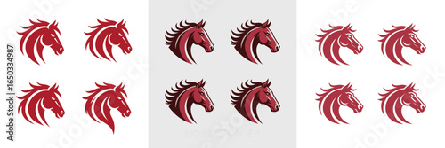 Collection of Six Horse Head Logos in Burgundy Color Variations and Different Artistic Styles