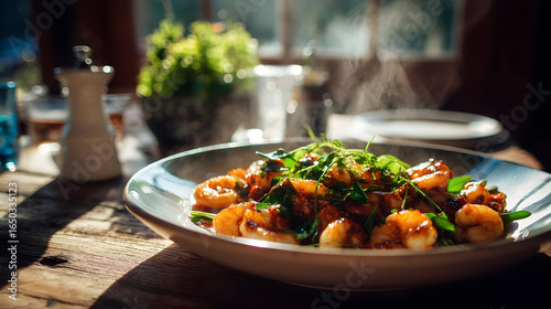 Warm Lighting Plate of Steamed Shrimp with Brown Sauce and Green Herbs on Wooden Table