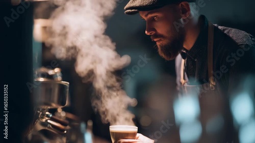Focused barista with thoughtful mood preparing hot coffee against espresso machine backdrop