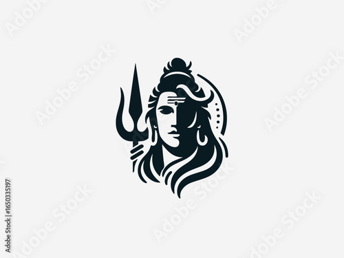 A bold black silhouette of Lord Shiva with a flowing mane and a powerful trident on a clean white background