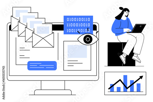 Computer screen displaying emails, binary code, and an eye icon, woman using laptop, chart with upward trend. Ideal for technology, email, data analysis, cybersecurity communication growth