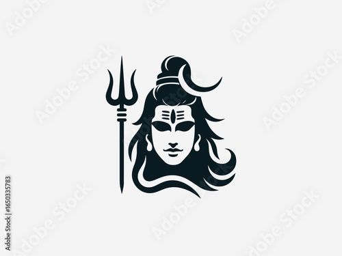 A bold black silhouette of Lord Shiva with a flowing mane and a powerful trident on a clean white background