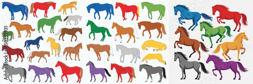 Colorful Horse Collection Illustration of Varied Poses, Gaits, and Hues against White Background