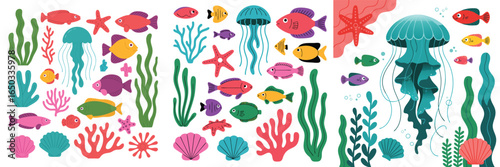 Colorful Underwater World Illustration with Fish, Jellyfish, Starfish, Seaweed, and Seashells Set