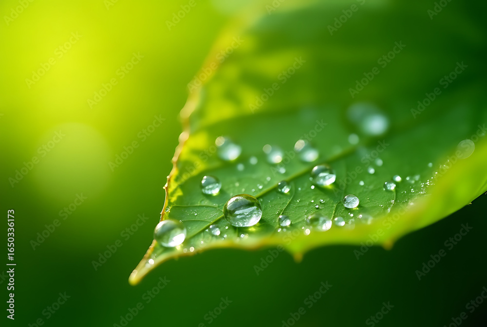 Fototapeta premium Morning Dew Droplets on Fresh Green Leaf