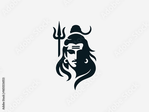 A bold black silhouette of Lord Shiva with a flowing mane and a powerful trident on a clean white background