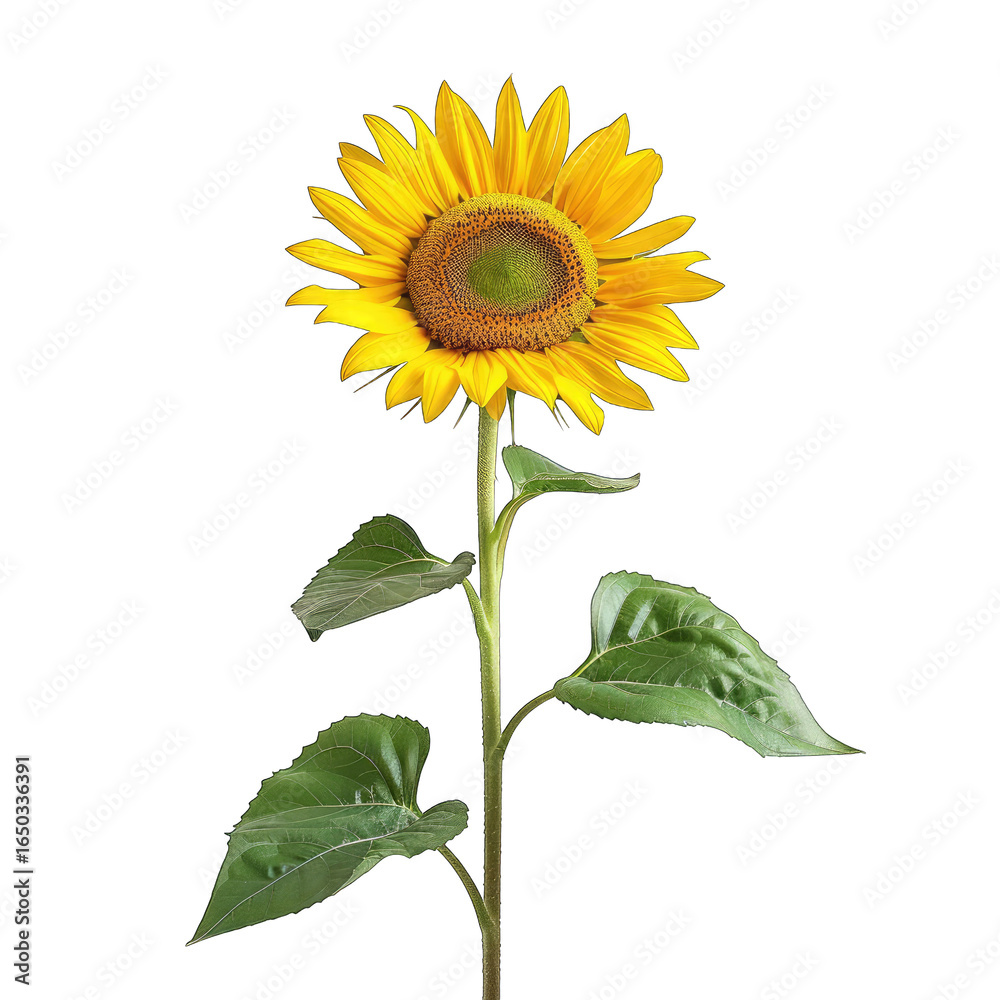 Obraz premium Single sunflower with vibrant yellow petals and dark center, standing tall on a slender stem with green leaves