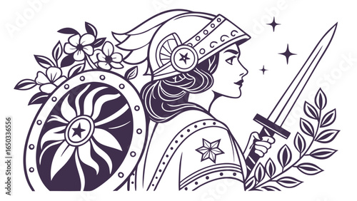 Elegant Art Deco Warrior Woman Profile, Shield, Sword, Floral Design, Purple, Mystical, Strong, Feminine, Graceful, Powerful,  Mythological,  Fantasy Illustration, Stock Image.