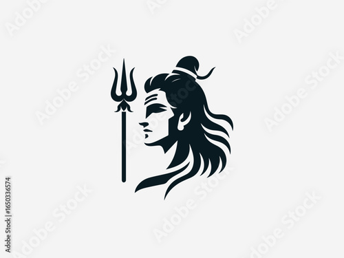 A bold black silhouette of Lord Shiva with a flowing mane and a powerful trident on a clean white background