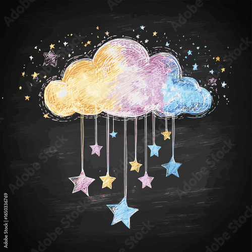 Cute Design Colorful Cloud with Rain of Stars Isolated on Chalkboard Backdrop. Children's Chalk Drawn Sketch