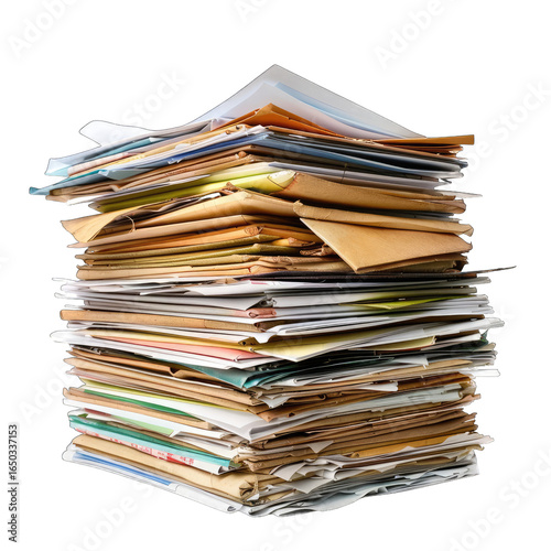 A towering stack of various papers, documents, and cardboard.  Papers of different colors and textures are tightly compressed, creating a large, uneven, and somewhat chaotic pile